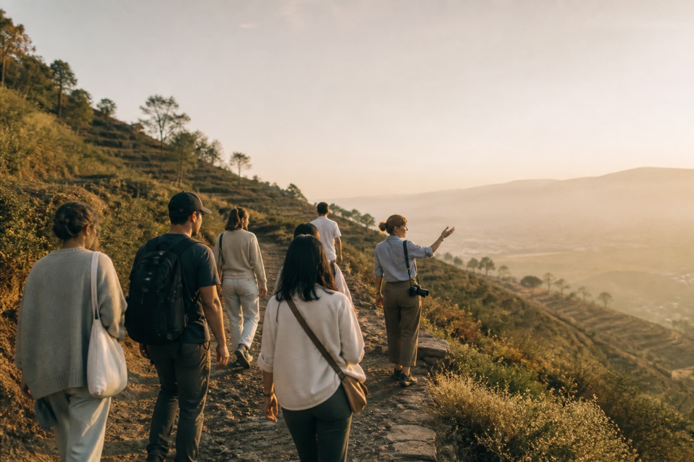 A creator leading a group of travelers at golden hour