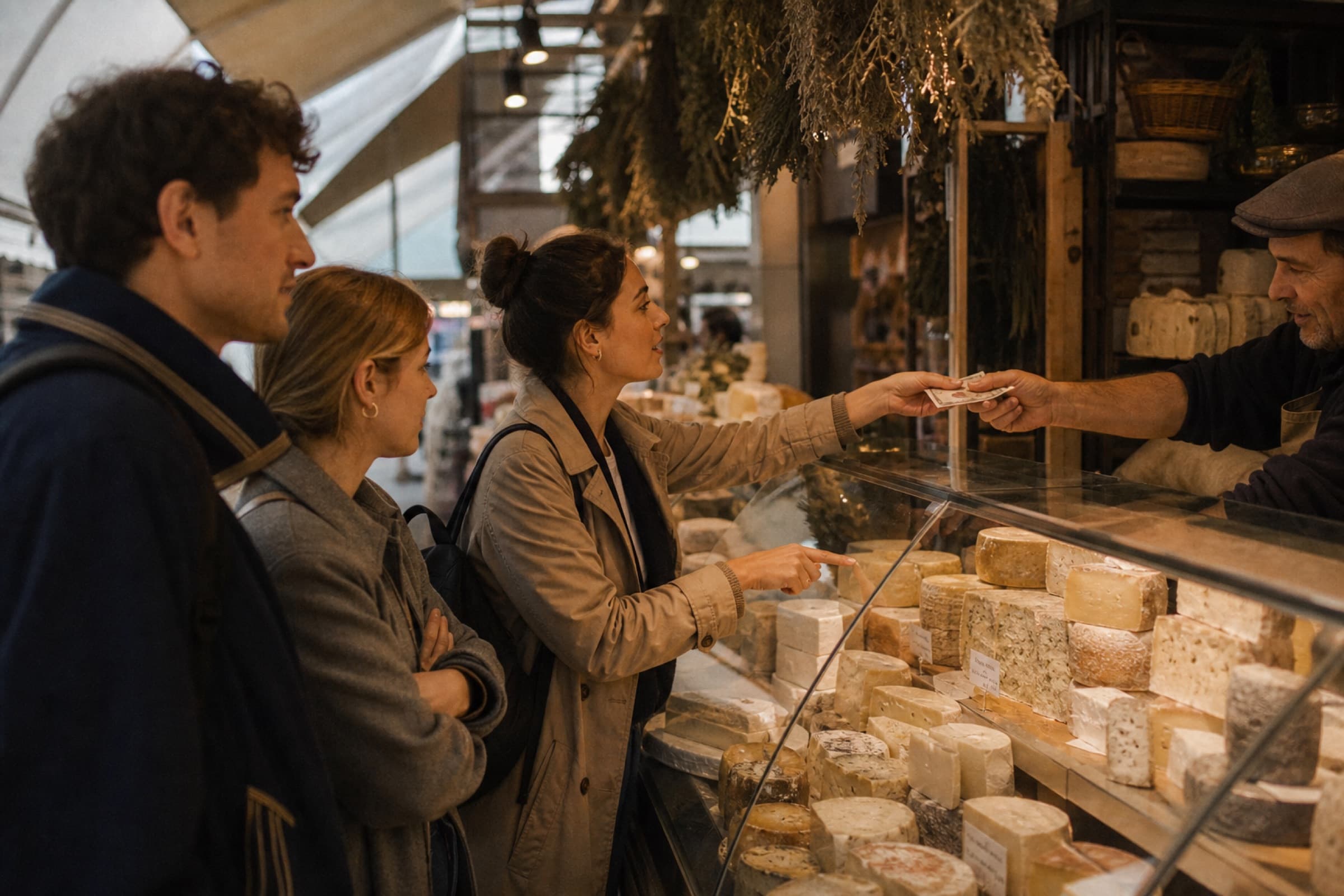 A local concierge with travelers at a market stall