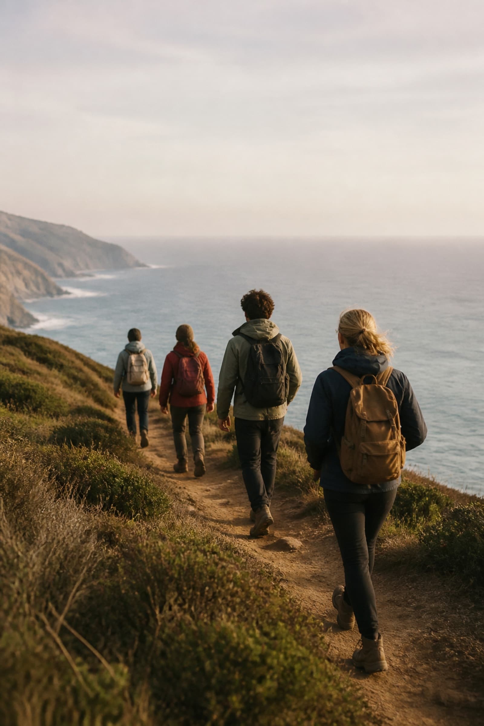 A group of friends walking along a coastline
