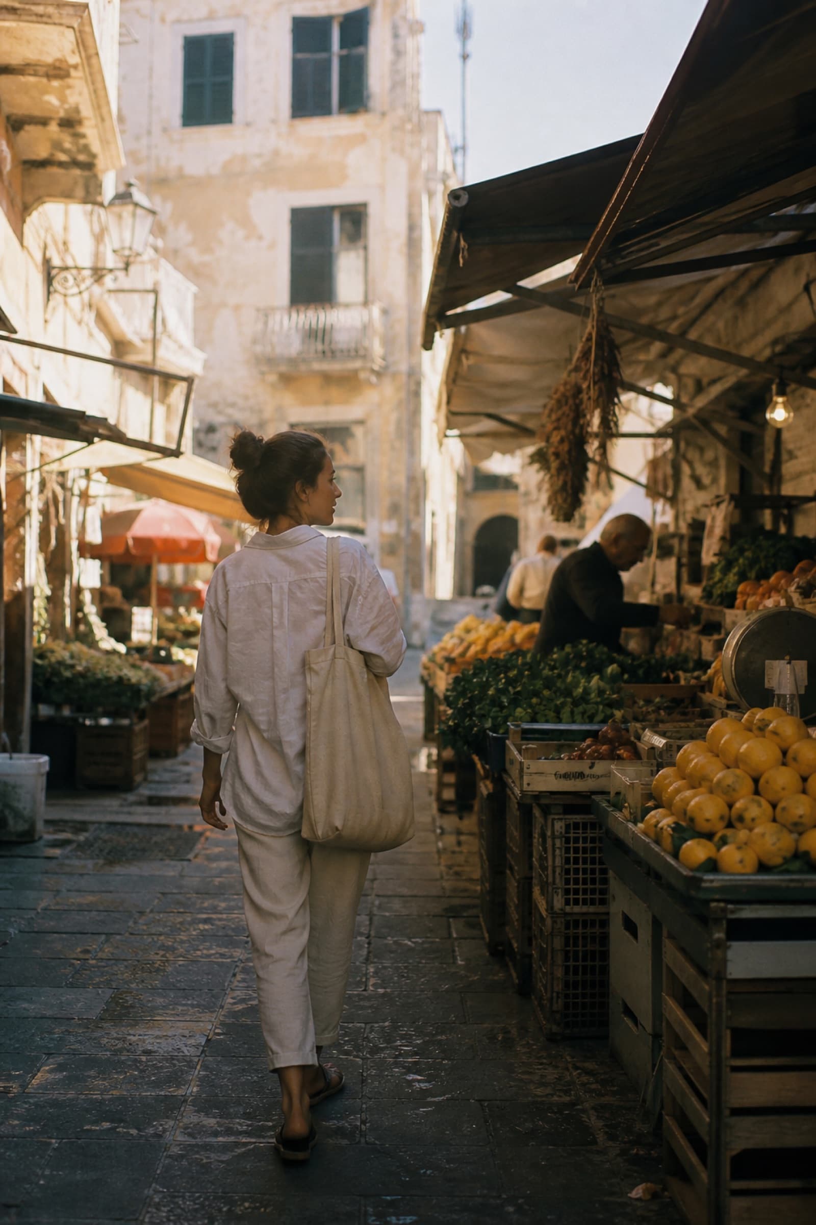 A solo traveler browsing a local market